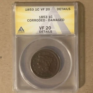 1853 USA geflochtenes Haar große Cent Münze ANACS ss-20 Details korrodiert beschädigt - Bild 1 von 4
