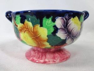 MALING WARE SMALL PEDESTAL BOWL COBALT INTERIOR FLORAL EXTERIOR 3"HX5.25"DIA - Picture 1 of 6