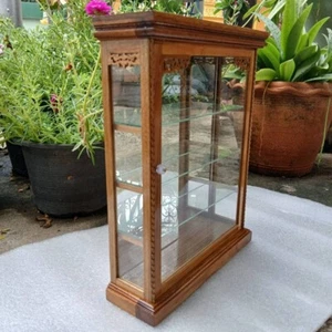 Wall Cabinet Wood Glass Teak Curio Handmade Carved Shadow Box Display Toy Square - Picture 1 of 6