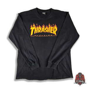Thrasher Magazine T-Shirt Men Large Long Sleeved Black Orange Graphic Flames