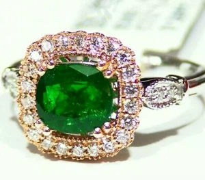 1.73CT 18K Gold Natural Cut Emerald White Diamond Vintage Halo Engagement Ring - Picture 1 of 7