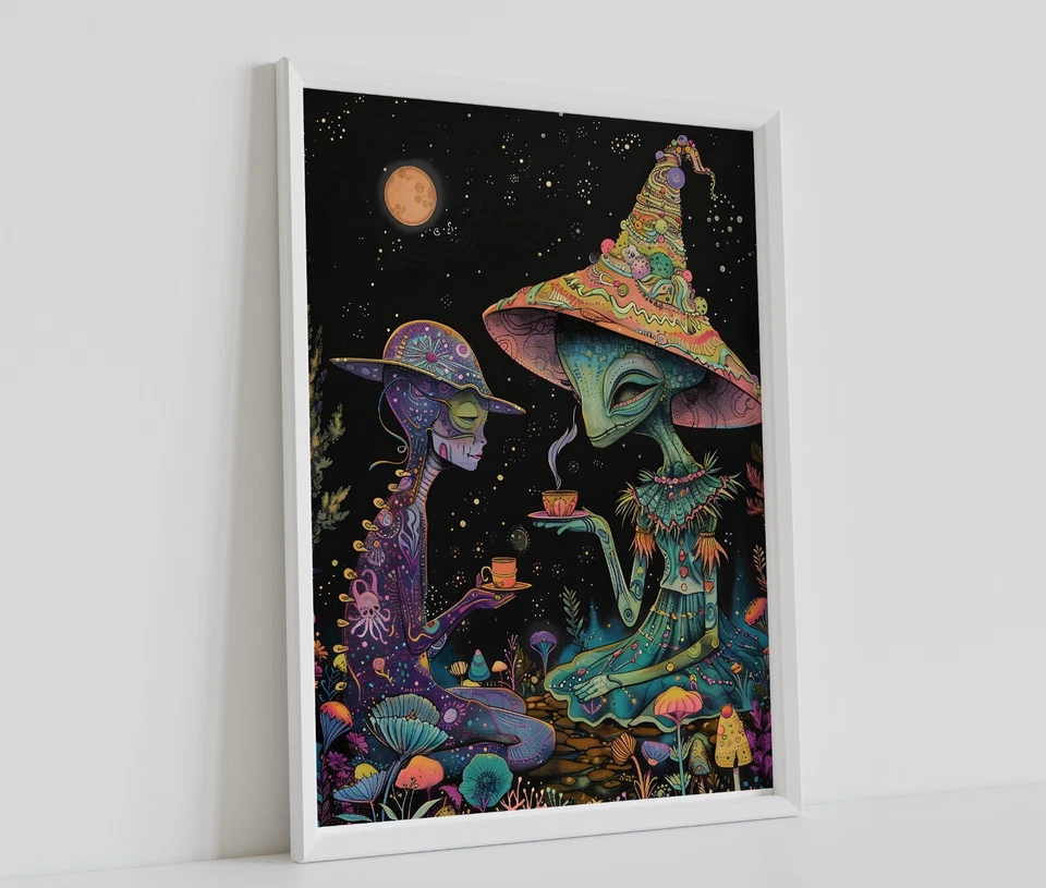 TRIPPY MAGIC MUSHROOM ALIENS POSTER PRINT PSYCHEDELIC WALL ART SIZE A4 A3 A2 A1 - Image 1 of 1