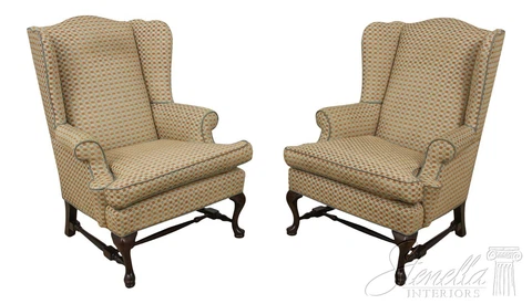 57772EC: Pair Queen Anne Stretcher Base Upholstered Wing Chairs Cover
