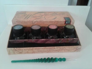 A M Calligraphy Gift Set 1 Blown Glass Pen ~ 4 Full Glass Bottles Of Ink - Picture 1 of 9