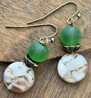 Bronze, Green Beach Glass and Mother of Pearl Earrings. - Image 1 of 3