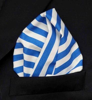 Gascoigne Pocket Hand Stitched Cotton Pocket Square Blue White Cabana Stripe - Image 1 of 3