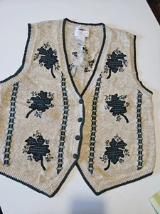 Vintage hand embroidered fall leaf button up sweater vest - Picture 1 of 9