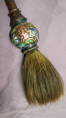 Antique Chinese Wood Handle Calligraphy Brush With Coisonne - Image 1 of 2