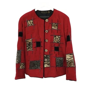 Vintage Alex Kim bestickt Animal Print Patchwork rot Jacke Lagenlook XL - Bild 1 von 12