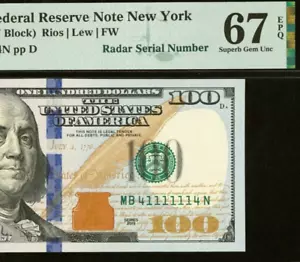 Billete de 100 dólares de la Reserva Federal 2013 PMG 67EPQ - número de serie Super Radar 41111114 - Imagen 1 de 3