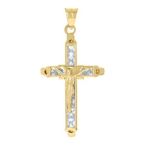 10kt Yellow Gold Mens Women Princess Cut CZ Crucifix Cross Charm Pendant - Picture 1 of 1