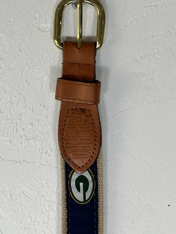 VTG 90s Green Bay Packers Canvas Leather Belt Brass Buckle Size 42 Made in USA Cover