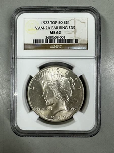 NGC MS62 1922 PEACE DOLLAR TOP 50 S$1 VAM-2A EAR RING EDS - BEAUTIFUL LUSTER - Picture 1 of 4