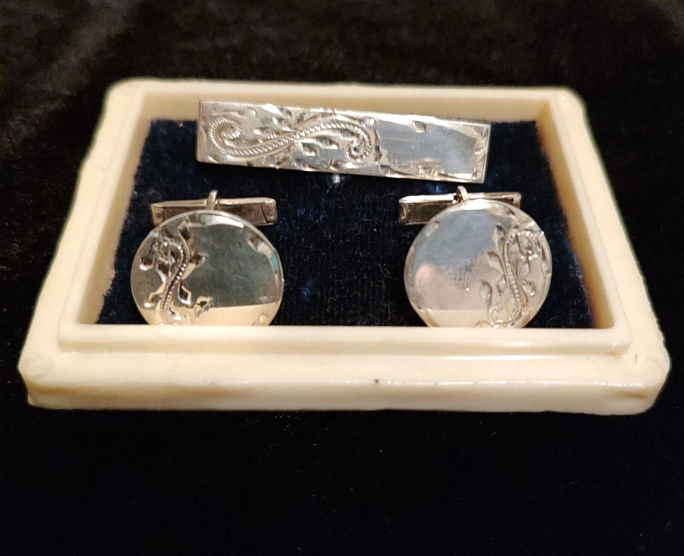 STERLING SILVER Elegant Vintage Cuff Links/Tie Clip In Original Box NICE! - Image 1 of 4