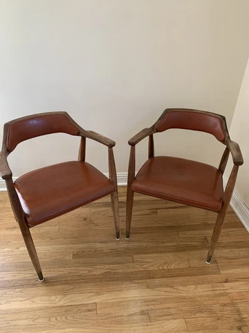 Pair of 1950s Mid Century Modern Danish Barrel Back Chairs Orange/Rust Vinyl Cover