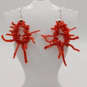 Natural red coral branches earrings, sterling silver, small size. - Picture 1 of 7