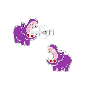 925 Sterling Silver Stud Earrings Purple Hippo Ladies Kids Girls Jewellery Boxed - Picture 1 of 1