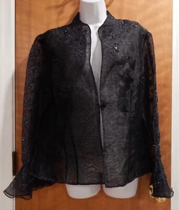 LAURENCE KAZAR BEADED SEQUINED VINTAGE BLACK SHEER JACKET BLOUSE TOP SZ 14 - Picture 1 of 8