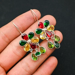 Citrine ,garnet ,peridot Gemstone 925 Sterling Silver Handmade Jewelry Earring - Picture 1 of 4