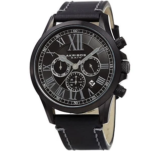 Men's Akribos XXIV AK897BK Dual Time Zone Leather with Contrast Stitching Watch - Picture 1 of 7