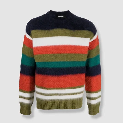 $1180 Dsquared2 Men's Green Striped Crew-Neck Wool Blend Jumper Sweater Size S - Image 1 of 4