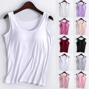 Women Stretch Cami Built-in Shelf Bra Tank Top Wide Straps Padded Yoga Tops - Picture 1 of 54