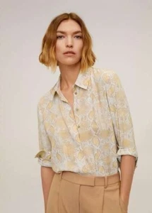 MNG Flowy Snake Print Lemon Yellow Long Sleeve Winter Office Shirt Blouse Size M - Picture 1 of 9