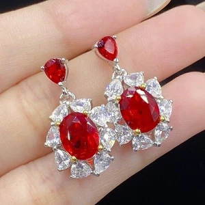 New Luxury Flower Red Garnet Topaz Gems Women Girl Jewelry Dangle Stud Earring - Picture 1 of 6