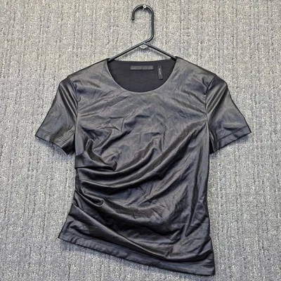 Helmut Lang Womens S Ruched Faux Leather Top Black Goth Biker Moto Short Sleeve - Image 1 of 4