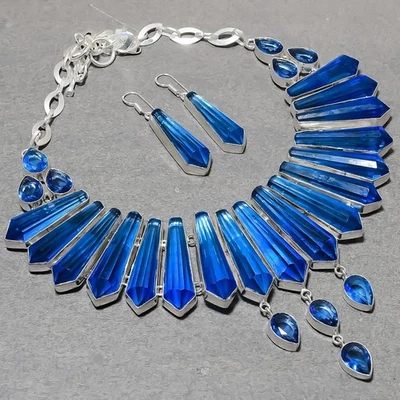 Faceted Tanzanite Quartz Gemstone Handmade Ethnic Gift Jewelry Necklace+Earrings - Image 1 of 4