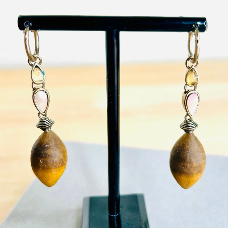 Tigers Eye Stone Mother of Pearl Gold Tone Dangle Earrings Vintage - Image 1 of 3