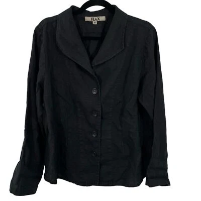 FLAX Black Linen Shirt Jacket Shacket Blazer Lagenlook Size MEDIUM Button - Image 1 of 4