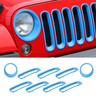Kit de cubierta de parrilla delantera y embellecedor de faros para Jeep Wrangler JK 07+ azul claro Foto 1 de 4
