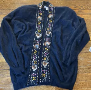 Vtg 80s Shannan Black Angora & Lambswool Open Cardigan w/ sequins & beads Med - Picture 1 of 12