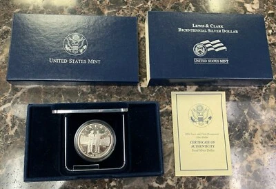 2004 Lewis & Clark Bicentennial PROOF 90% Silver Dollar US Mint Coin Box and COA - Image 1 of 4