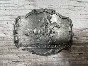 VTG Winchester Firearms Cowboy Riding Horse Western Silver Metal Belt Buckle - Picture 1 of 4