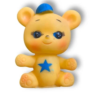 Vintage Stahlwood Yellow Teddy Bear Squeaky Toy Blue Star & Cap Baby Toy 5.5” - Picture 1 of 7