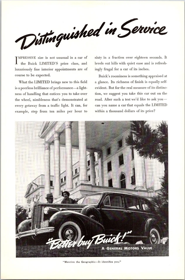 PRINT AD 1938 Buick Limited GM Distinguished in Service General Motors 6.5 x 10 - Image 1 of 1