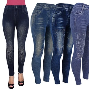 High Waist Womens Faux Denim Jean Leggings, Slim Stretch Pencil Jegging - Picture 1 of 22