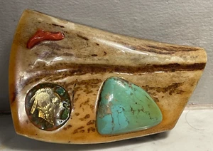 VINTAGE / ANTIQUE ANTLER BELT BUCKLE INLAID STONE + INDIAN HEAD - MEXICO? - Picture 1 of 5