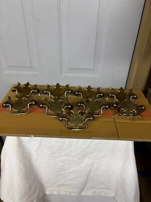 Vintage 9- Drop Pull Cabinet Drawer Hardware Pulls  Leaf Brass Bronze Used - Image 1 of 4