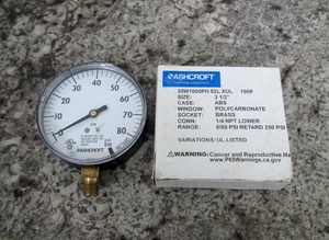 New Ashcroft 35W1005PH 02L XUL 3-1/2"/ 1/4 NPT / 0/80 / 250 PSI Pressure Gauge - Picture 1 of 4
