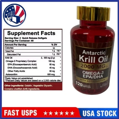 Antarctic Krill Oil 2000 mg 120 Softgels | with Astaxanthin,Omega-3 EPA, DHA NEW - Image 1 of 4