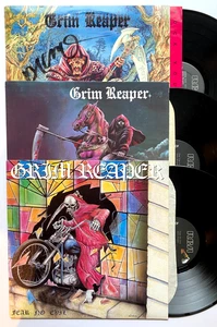 GRIM REAPER Rock you to HELL See in HELL fear no EVIL NWOBHM 80'S Grimm Set 3 LP - Picture 1 of 15