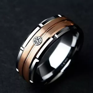 Men's 8mm Titanium 2-Tone Brushed Rose Gold CZ Inlay Comfort-Fit Wedding Band - Picture 1 of 7