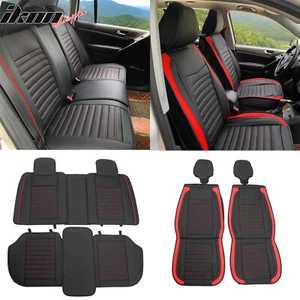 Universal Black & Red Striped Car Seat Covers PU Leather Full Set - 02 Style - Picture 1 of 20