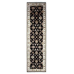 2'7"x10' Black Wool Silk Hand Knotted Rajasthan Leaf Design Runner Rug R75388 - Picture 1 of 5