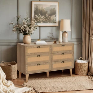 Rattan Dresser for Bedroom Chest of 6 Drawers Wood Storage Cabinet for TV Stand - Picture 1 of 9