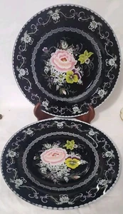 Vintage Set of Two 11" Dinner Plates Black Hand Painted White & Pink Floral Rare - Picture 1 of 9