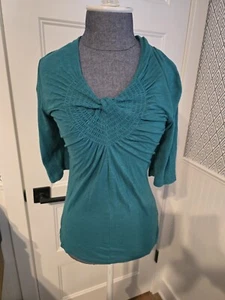 Anthropologie Deletta Jade Teal Green Twist Knot Smocked Top elbow Sleeve M EUC - Picture 1 of 13